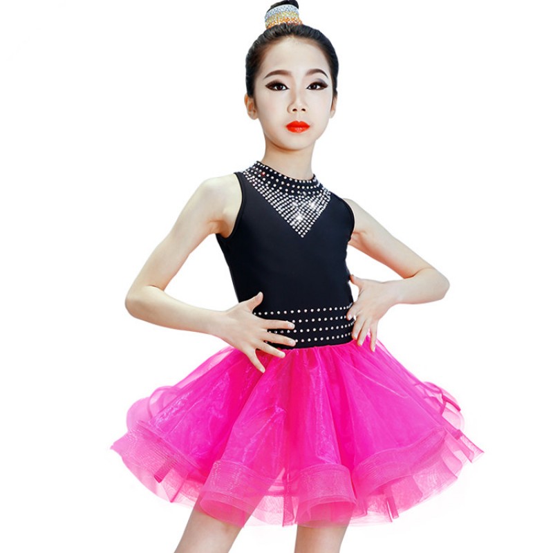 Kids latin dresses children pink black patchwork ballroom competition salsa rumba chacha diamond dresses