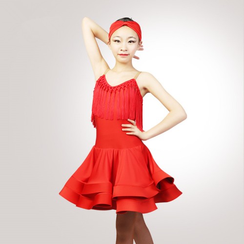 Kids latin dresses red color girls fringes stage performance competition salsa rumba samba stage ballroom dancing skirts