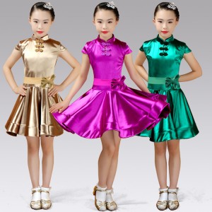 Kids latin dresses stage performance stretchable satin competition salsa rumba chacha dance dresses costumes