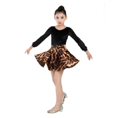 Kids latin dresses velvet with lace back leotard tops leopard skirt competition stage performance professional chacha rumba dress