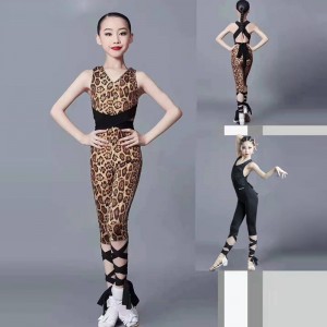 Kids leopard Latin dance clothes Children exercise performance competition training dresses jumpsuits one-piece leggings pants