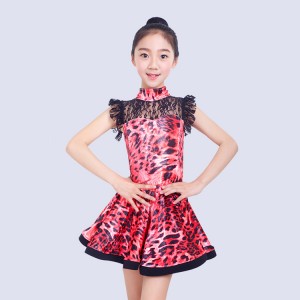 Kids leopard printed latin salsa dance dresses turquoise pink printed girls competition exercises performance lace rumba chacha dresses