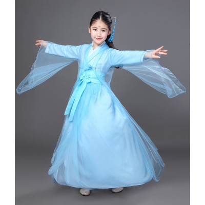 kids Light blue hanfu fairy dress chinese folk dance costumes chidlren drama princess stage performance photos cosplay dress
