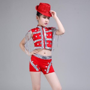 Kids modern dance hip hop jazz dance outfits red black white sequin cheer leaders singers show party stage performance costumes