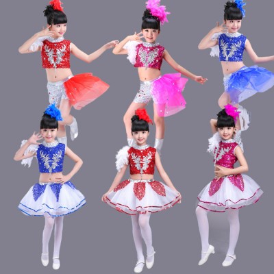 Kids modern dance hiphop street jazz dance costumes for girls pink blue red paillette school stage performance singers chorus dress outfits