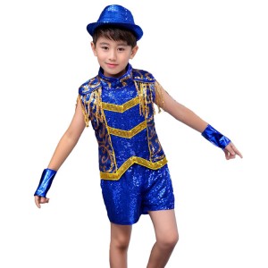 Kids modern dance jazz dance costumes boys sequin royal blue paillette princess hiphop cheerleader stage performance outfits costumes