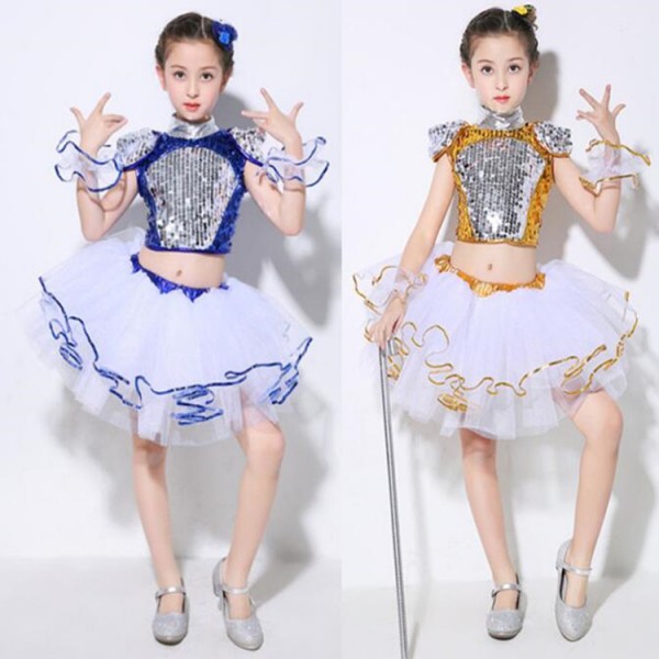 Kids modern jazz dance costumes for boys girls school show paillette gold  blue singers dancers hiphop competition outfits dresses- Material: sequin  fabric(not stretchable fabric)Content