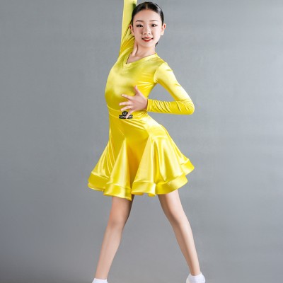 Kids navy yellow velvet latin dance dresses Girls latin dance costume Children latin performance clothing Long-sleeved Latin dance clothes