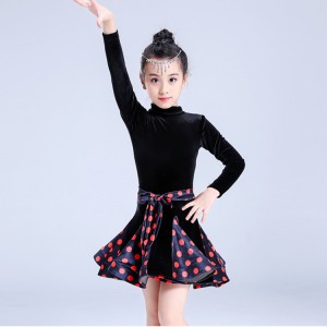 Kids polka dot latin dresses velvet black and white competition stage performance professional chacha rumba dancing costumes 