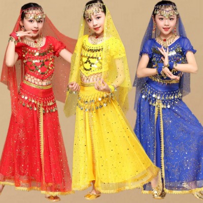Kids red royal blue yellow belly dance dress bollywood stage performance dress costumes belly dance costumes for girls