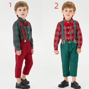 Kids Toddlers British Style Christmas party choir performance costume Xmas Event  photos Dress up plaid long sleeve Shirts suspenders pants set for boys