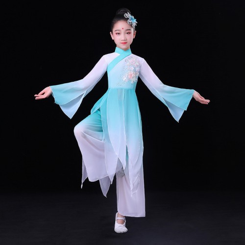 Kids traditional Chinese Classical folk dance costumes Children blue gradient color Chinese style Umbrella dance fan dance yangko performance costumes