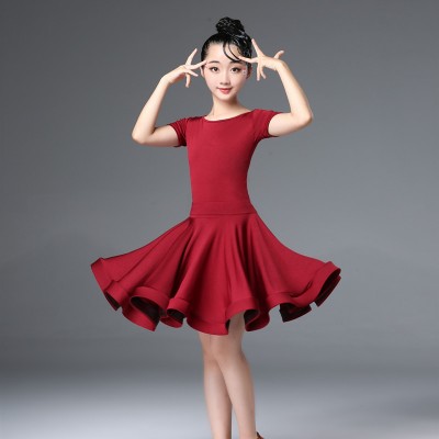 Kids wine mint black latin dance dresses stage performance ballroom dance dress school competition dance costumes for girls