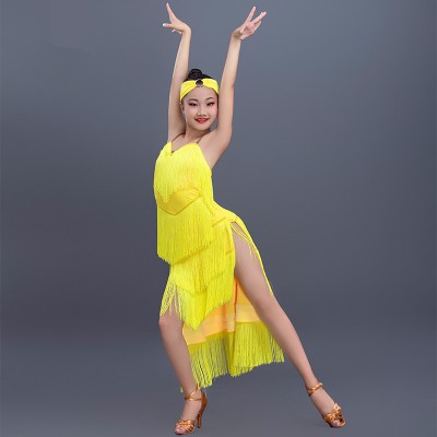 Kids yellow tassels latin dance dresses  girls children stage performance latin dress salsa chacha rumba dance costumes