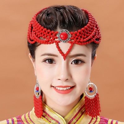 Ladies Mongolian Dance Performance Bead Headdress Handmade Beads Ethnic Dance Mongolian Clothing Accessories 