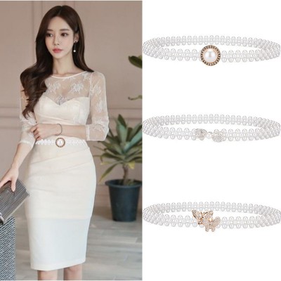 Lady Pearl gemstones decorative belt Waist Chain Jewelry pearl braided belt for dress Girls butterfly buckle belt sashes