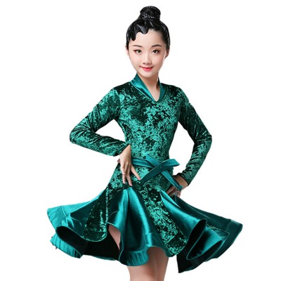 Latin dance Ballroom dancing dresses dark green children's girls long-sleeved velvet professional competition regulations practice performance costumes