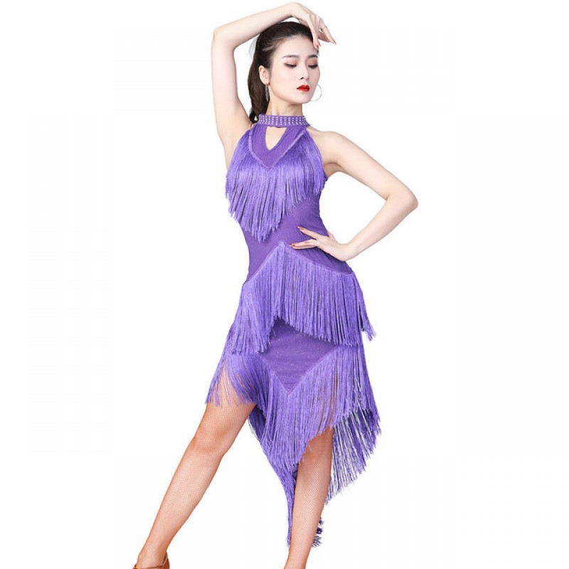 Latin dance dress for women blue red black purple diamond Latin dance skirt fringed latin dress  rumba salsa stage performance costume