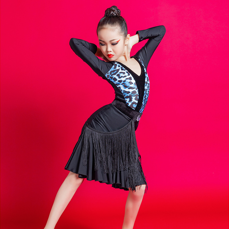 Latin dance dresses for girls blue leopard fringe long-sleeved girls latin dance practice clothes ballroom latin Performance costume