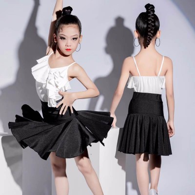 Latin dance dresses for girls kids ruffles white with black latin ballroom competition training professional dance split suit leotard top skirts for children