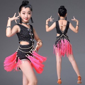 Latin dresses for girls children black and pink diamond beaded competition salsa latin rumba chacha fringes dresses