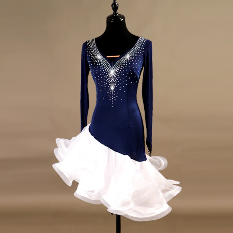 Latin dresses for women female girls navy with white competition stage performance professional rumba chacha salsa dresses