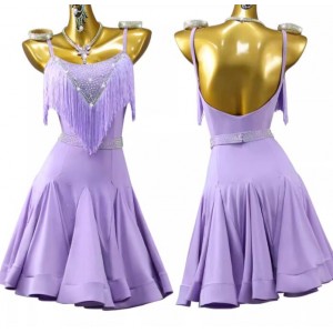 Lavender purple competition latin dance dresses for women girls handmade fringe salsa rumba chacha dancing costumes for female