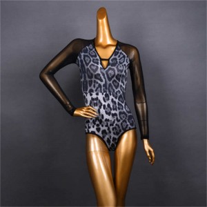 Leopard ballroom latin Dance bodysuits for women v neck long sleeves polka dot modern dance tango waltz chacha rumba dance tops for adult latin training suit