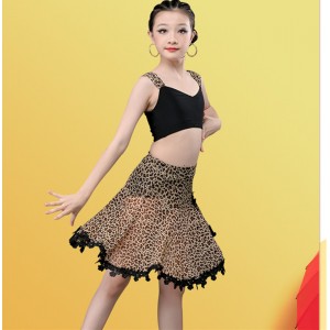 Leopard  Latin Dance Dresses for girls Children two piece set latin  practice clothes Latin girls training dress