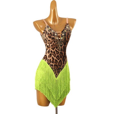 Leopard with green fringe competition latin dance dresses for women girls gemstones salsa rumba chacha stage performance wear for female
