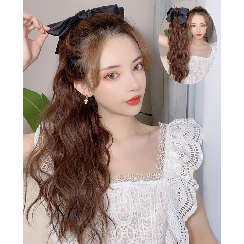  light brown photos shooting Bow tie ponytail wig for women girls female long curly hair bandage wig with fluffy and natural tail