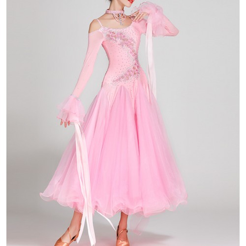 Light pink competition ballroom dancing dresses for women girls kids waltz tango foxtrot smooth dance long skirts modern dance bling gown for lady 