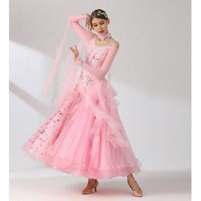 Light pink competition diamond ballroom dancing dresses for women girls stage performance professional embroidered flowers waltz tango dance long dress 