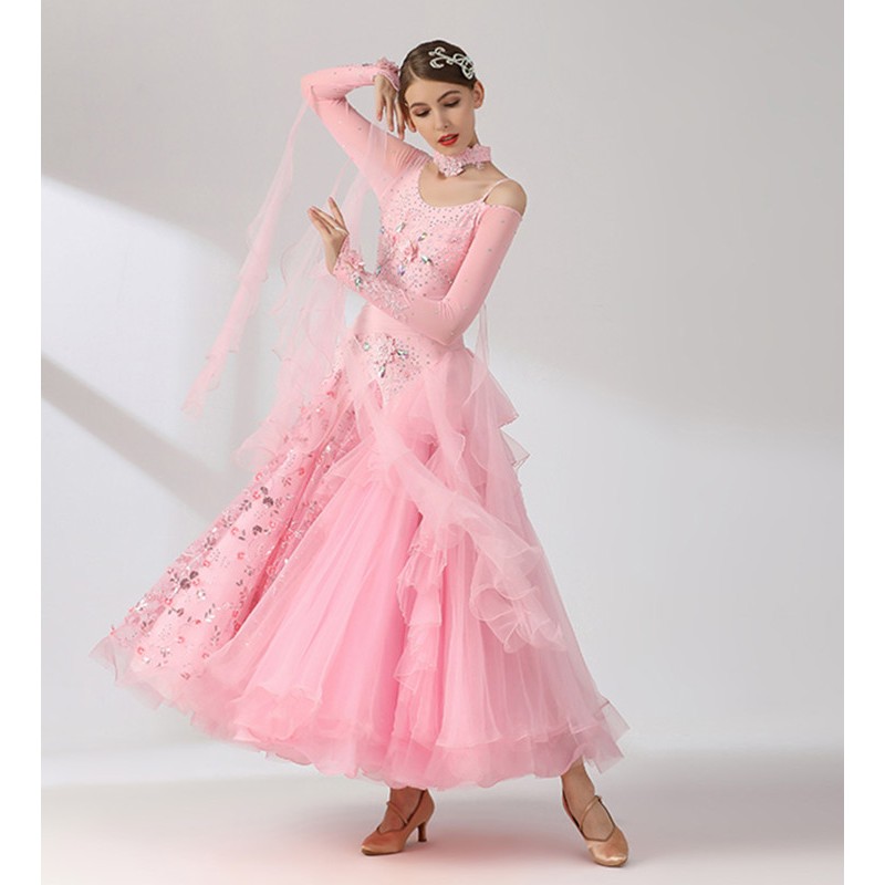 Light pink competition diamond ballroom dancing dresses for women girls stage performance professional embroidered flowers waltz tango dance long dress 