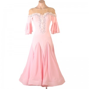 Light pink with lace flowers diamond competition ballroom dancing dresses for women girls waltz tango standard foxtrot smooth dance long skirt for female