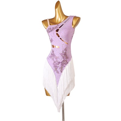 Light purple with white tassels competition latin dance dresses for women girls modern salsa chacha rumba performance dresses latin costumes for kids