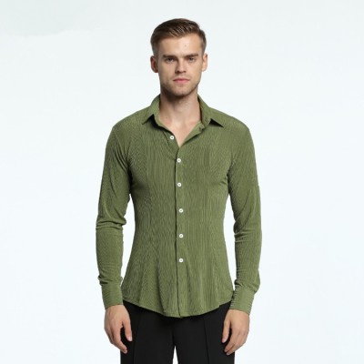 Male competition professional latin dance shirts army green color ballroom tango waltz chacha stage performance long sleeves tops 