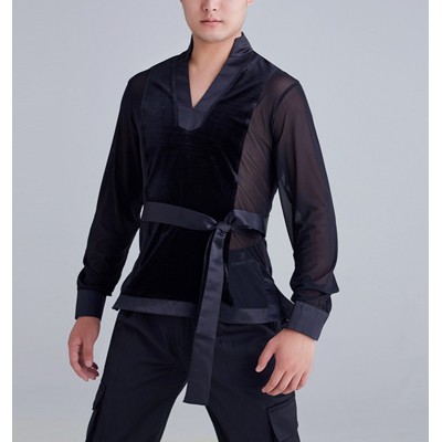 Men black velve with mesh latin ballroom dance shirts flamenco waltz tango competition dance tops for male