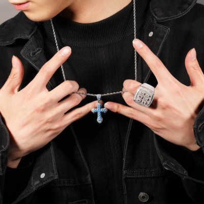 Men youth rapper singers hiphop street dance blue zircon cross necklace hip-hop fashion company set auger sweater chain wholesale