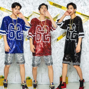 Men youth silver gold blue red sequined jazz dance costumes singers gogo dancers stage performance clothing rap hiphop steet dance performance t shirt and shorts