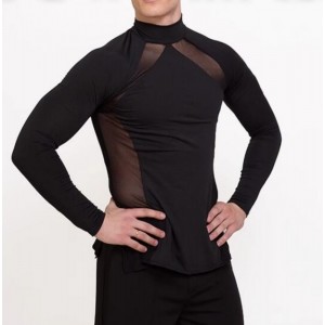 Men's black mesh patchwork black latin ballroom dance shirts  side slit for male youth tango waltz flamenco dance stretchable tops 
