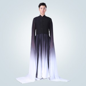 Men's black white gradient chinese kung fu folk dance costumes Chinese traditional classical dance waterfall sleeves wushu drummer performance clothes