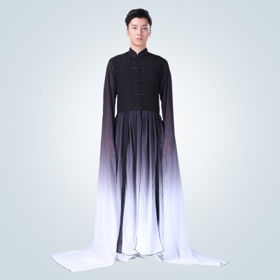 Men's black white gradient chinese kung fu folk dance costumes Chinese traditional classical dance waterfall sleeves wushu drummer performance clothes
