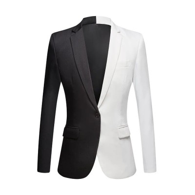 Men's black with white patchwork jazz dance blazers nightclub bar singer performance dress suits modern model show coats stage host jacket