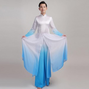 Men's blue white grdient colored chinese hanfu traditional warrior drama cosplay knight robes dresses costumes