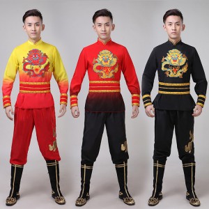 Men's Chinese drummer dragon lion folk dance costumes male red black gold stage performance clothes