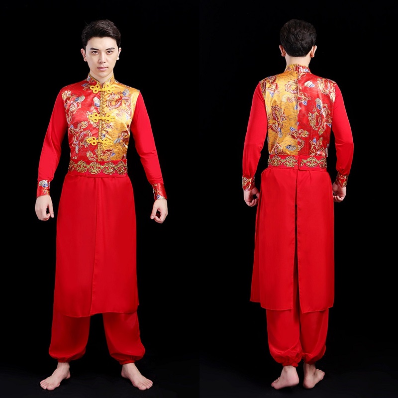 Men's chinese folk dance costumes dragon drummer stage performance clothes chinese yangko traditional dance for male