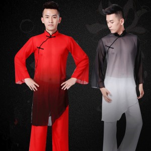 Men's  Chinese folk dance costumes red black gradient ancient traditional drummer yangko martial performance clothes