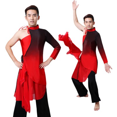 Men's Chinese folk dancing costumes ancient traditional classical black with red gradient colored yangko warrior swordsmen cosplay robes 