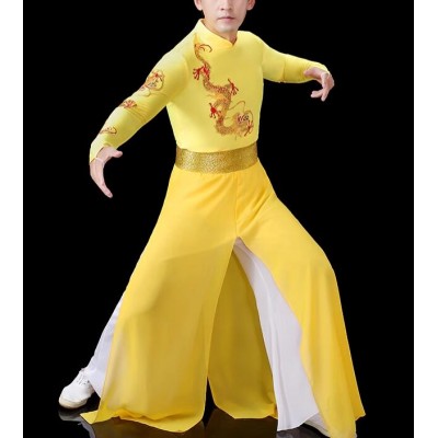 Men's Chinese Gold dragon drum dance costumes chinese folk lion drum dance dresses Wushu martial art dance clothes Chinese repertoire Modern dance wear